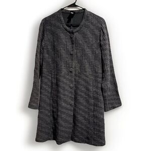 Eileen Fisher Black White Textured Long Button Up Cotton Jacket Sz M